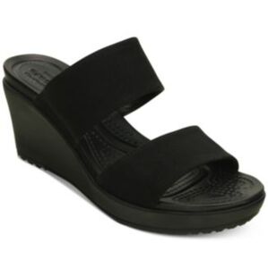 Crocs Leigh II Strap Wedge 2 Band Black Sandals Size 6 NWT!